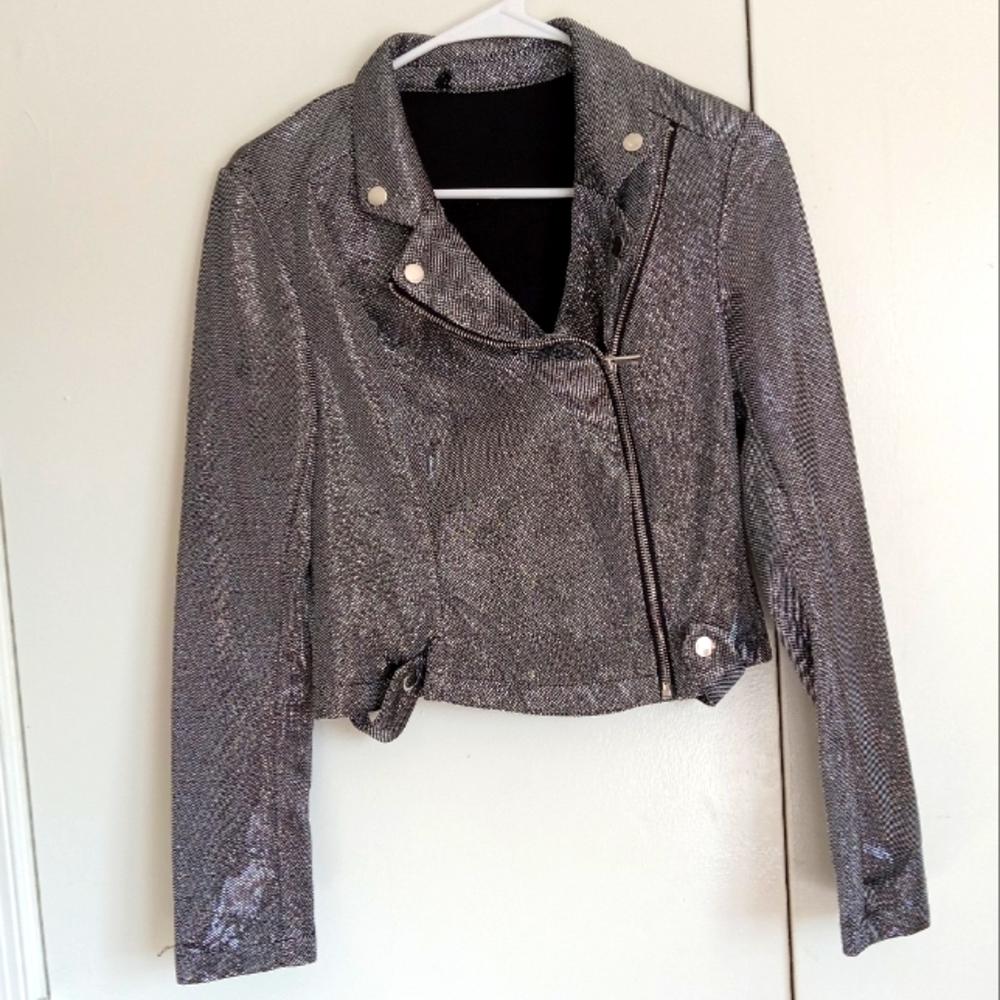 Sparkly cropped moto jacket